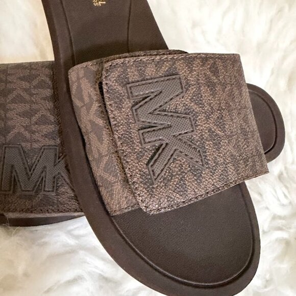 Michael Kors MK Logo Brown Slide Sandals Adjustable Strap Size 8 - Picture 4 of 5